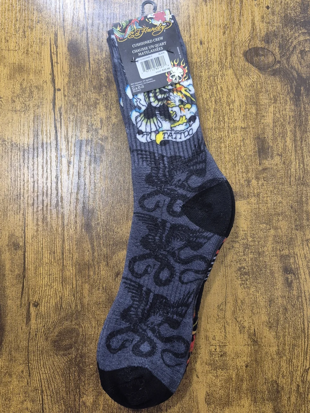 Ed Hardy Men’s Cushioned Crew Socks Tiger Flame 2-Pair Pack NWT